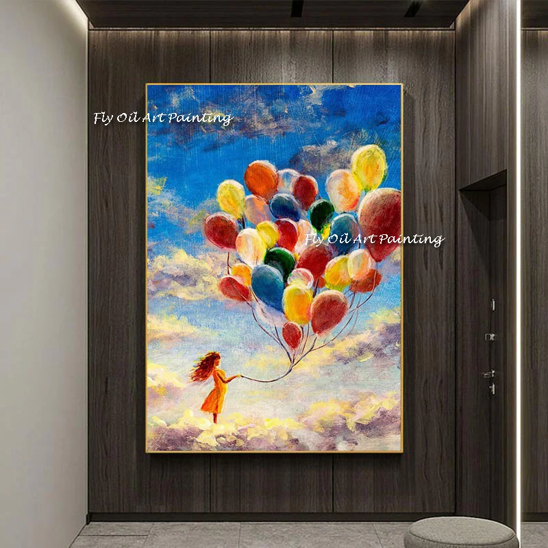 

The High Quality Hand Painted Balloon Sky Oil Paintings Girl Wall Palette Art Canvas Mural Corridor Sky Picture For Home Decor