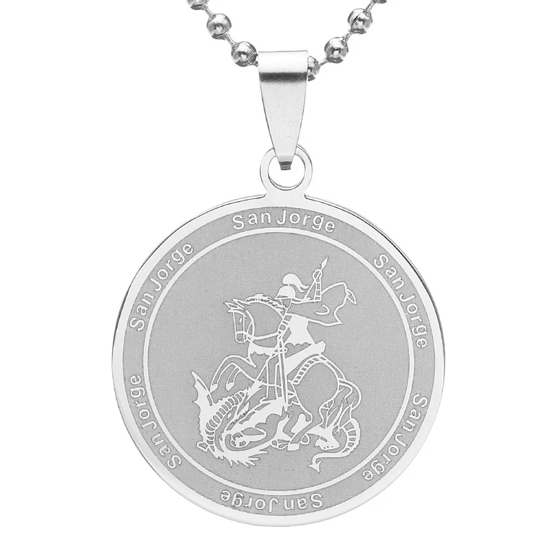 Silver Color Stainless Steel San Jorge Saint George Slaying Dragon Round Pendant Necklace SS Chain 60CM Free Chain