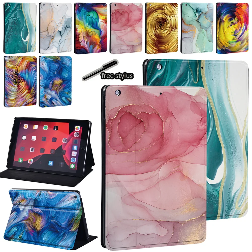 

2021 New Case for Apple IPad 9th Generation 10.2 Inch Watercolor Print Series Pattern Leather Stand Tablet Cover Case+Stylus