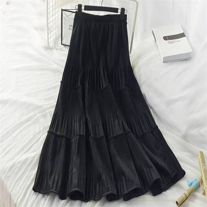 Gowyimmes Autumn Big Size Vintage Fashion Women Midi-Long Cake Skirt Slim Lady Multi-layer Pleated Skirts Elastic Waist PD698