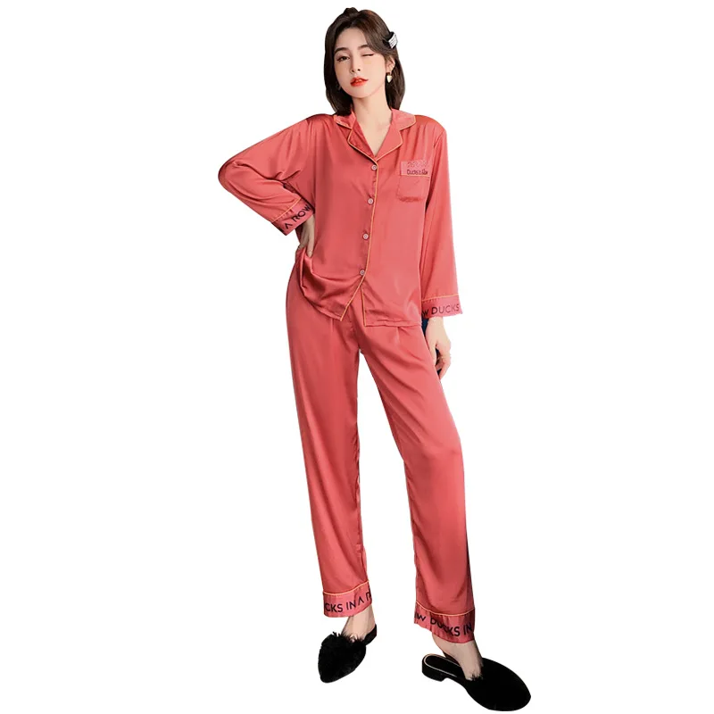 Ice Women Pijamas Set Pure ColorSilk Thin Section Simple Suit AutumnCasualSpring and Autumn Pajamas Women Home Service