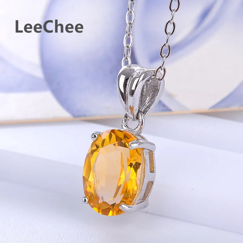 LeeChee 100%Natural citrine pendant real 925 Solid Sterling Silver jewelry 7*9mm yellow gemstone necklace for women gift 1.7CT