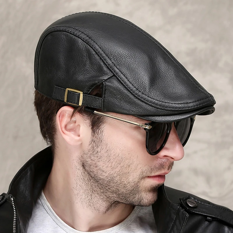 Men Street Bonnet Genuine Leather Beret Male Thin Hats 55-60 cm Adjustable Forward Cap Leisure Duckbill Casquette Cowhide