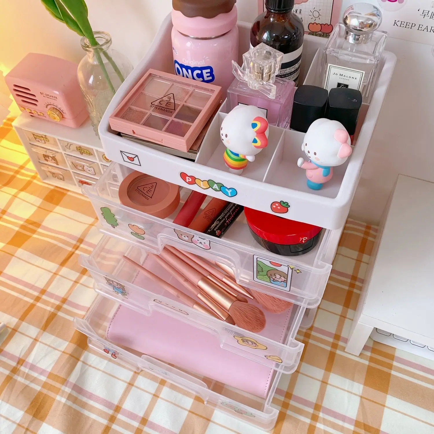 Kawaii stationary organizer  drawer divider stacking drawers plastic drawer organizer  3 drawer  makeup drawer organizer