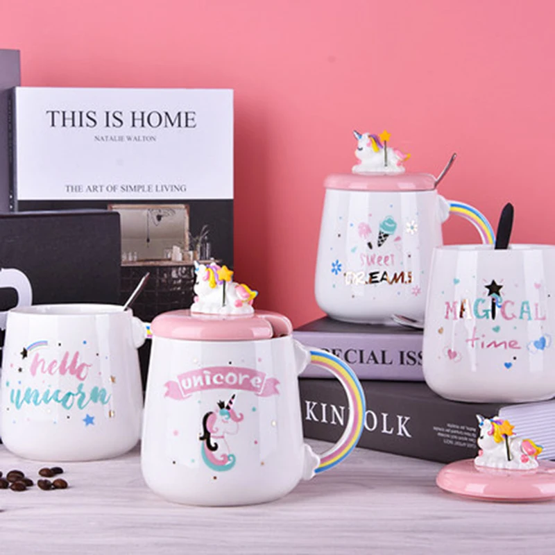 3D Unicorn Ceramic Mug Travel Coffee Mug With Spoon Milk Tea Cup Office Breakfast Drinkware Cup Wedding Birthday Gift Home Decor