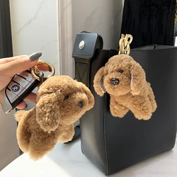 Women Pendant Cute Small Dog Keychain Real Wool Fur Keychain Bag Ornaments Toy puppy Car metal Key ring Party Trinket Gift