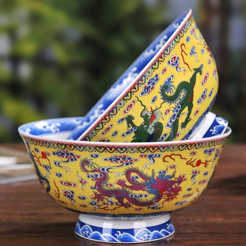 Jingdezhen Ceramic Rice Bowl Bone China Dinnerware Big Bowl Ramen Soup Bowls Chinese Luxury Dragon Pattern Kitchen Tableware Art