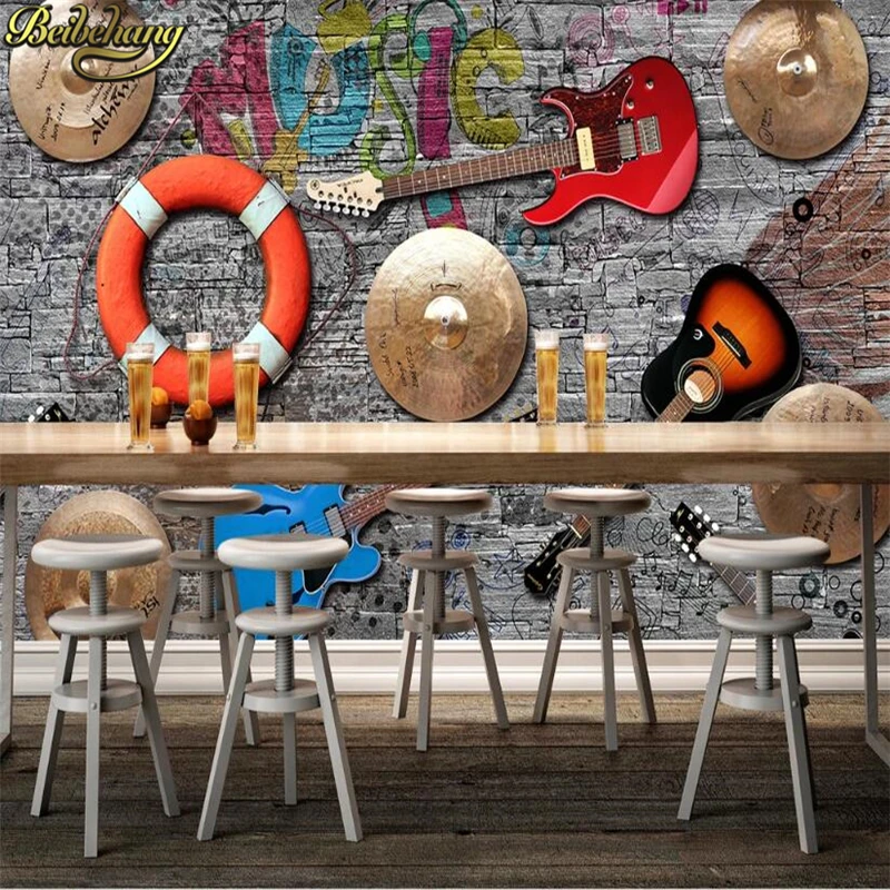 Custom Photo Wallpaper Mural - American Retro Nostalgic Rock Music Instrument Theme European Brick Wall Background