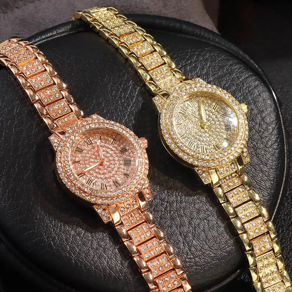 Iced Out Rose Gold Silver Color Watch Women's Luxury Rhinestone Cuban Chain Bracelet Watches Fashion Wrist Watch Hip Hop Jewelry