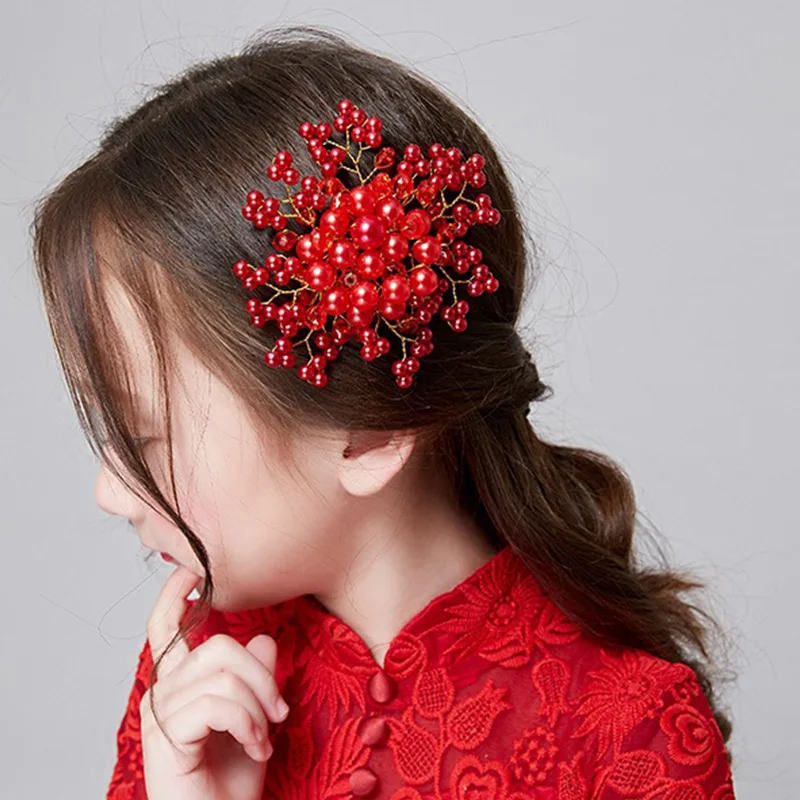 1Pc Red Pearl Crystal Women Hair Combs Headdress Bride Tiaras Headpiece Hair Jewelry Wedding Bridal Hair Accessories FORSEVEN