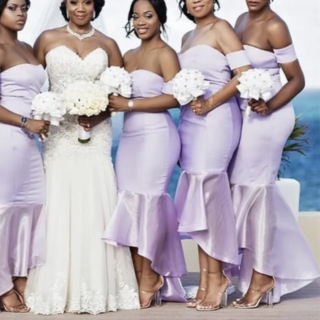 Lavender Purple Bridesmaid Dresses Front Short Long Back Off The Shoulder Ruffles Floor Length Satin Wedding Party Gowns New AliExpress