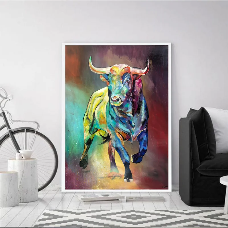 Abstract Colorful Bull Canvas Paintings Animal Wall Art Prints Poster Living Room Decorative Paintings On The Wall Home Decor
