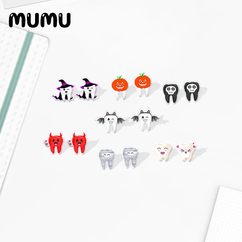 2020 New Halloween Tooth Stud Earring Funny Teeth Acrylic Earrings Resin Epoxy Handmade Jewelrys