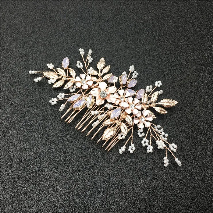 Peine de flores con diamantes de imitación, accesorios para el cabello, joyería para la cabeza para mujer, accesorios para el cabello de boda, peine para el cabello nupcial, diadema