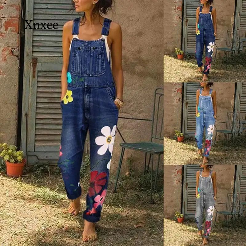 

Women Rompers Fashion Denim Overalls Color Flower Print Bib Pants Long Romper Bib Pants Jumpsuits Summer Jeans Ladies Clothing