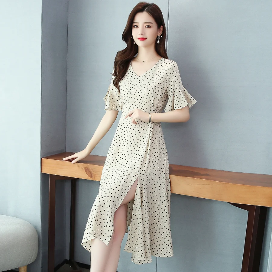 2022 Vintage VOAN Midi Sundress Xuân Hè Mới Chấm Bi In Hình Đường Băng Gợi Cảm Chia Đầm Nữ Ôm Body Dự Tiệc Maxi Vestidos