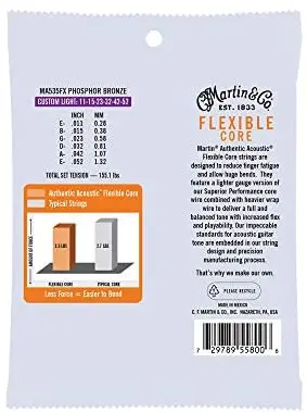 MartinGuitar Authentic Acoustic Flexible Core MA535FX, 92/8 Phosphor Bronze, Custom Light Guitar Strings