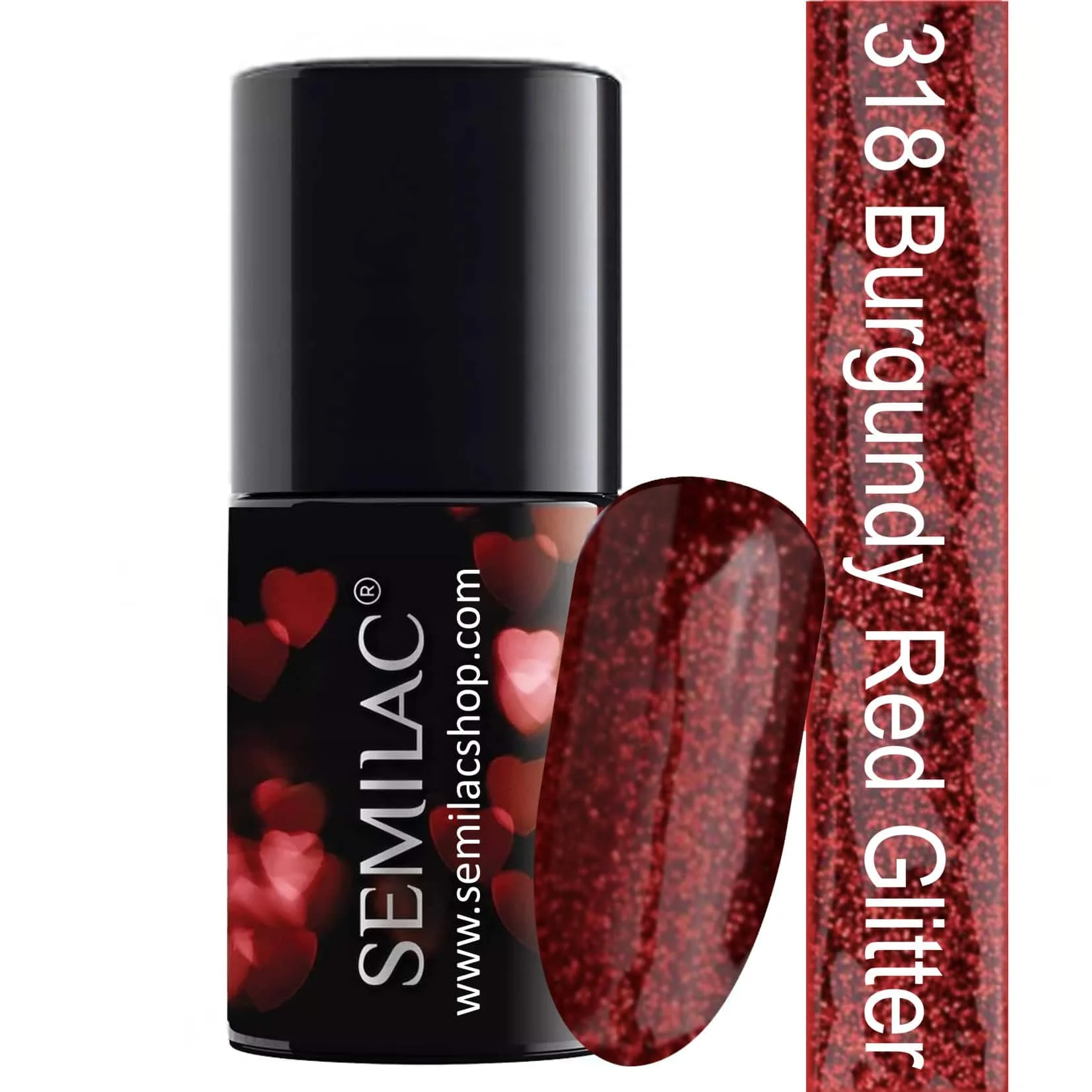 Semilac Valentine Burgundy Red Glitter 318 semi-permanent coverage, UV hybrid nail polish texture Gel