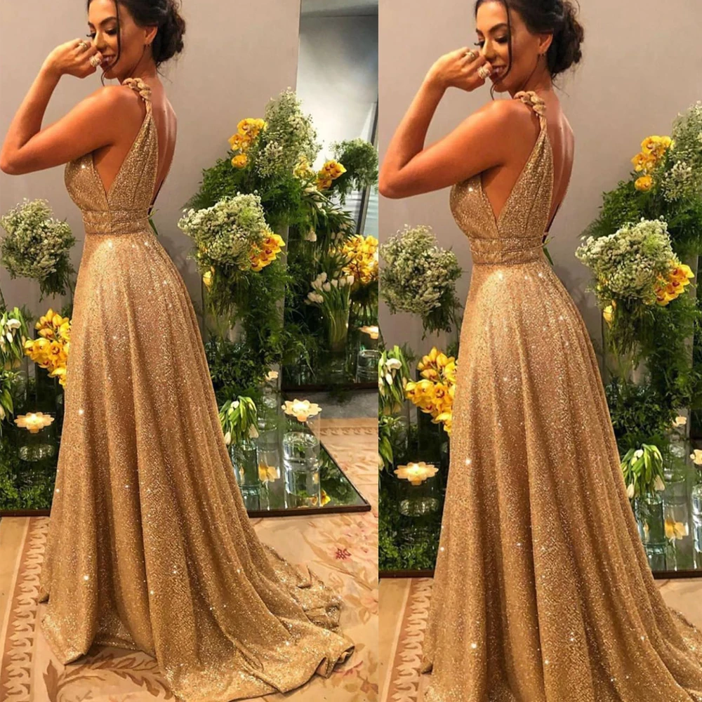 gold prom dresses 2020 deep v neck pleats sequins a line backless shinning sparkly evening dresses