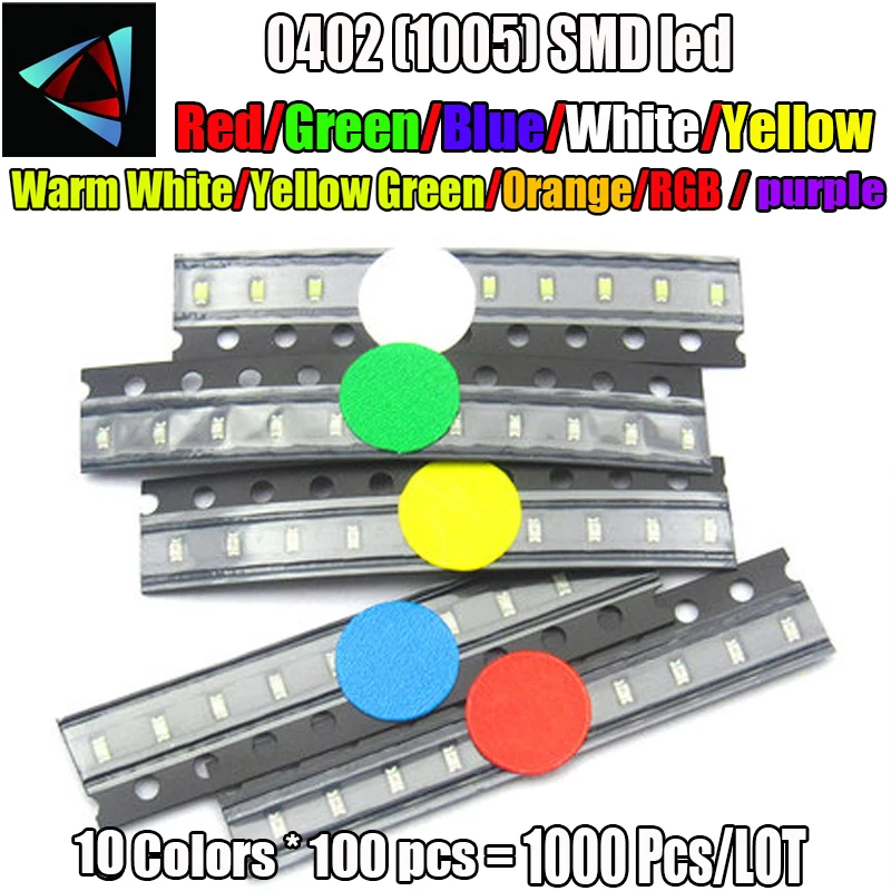 10 Values x100Pcs =1000Pcs/Lot 0402 Smd Led Diode Red Yellow Blue Emerald Green Orange White Warm Purple RGB BOX