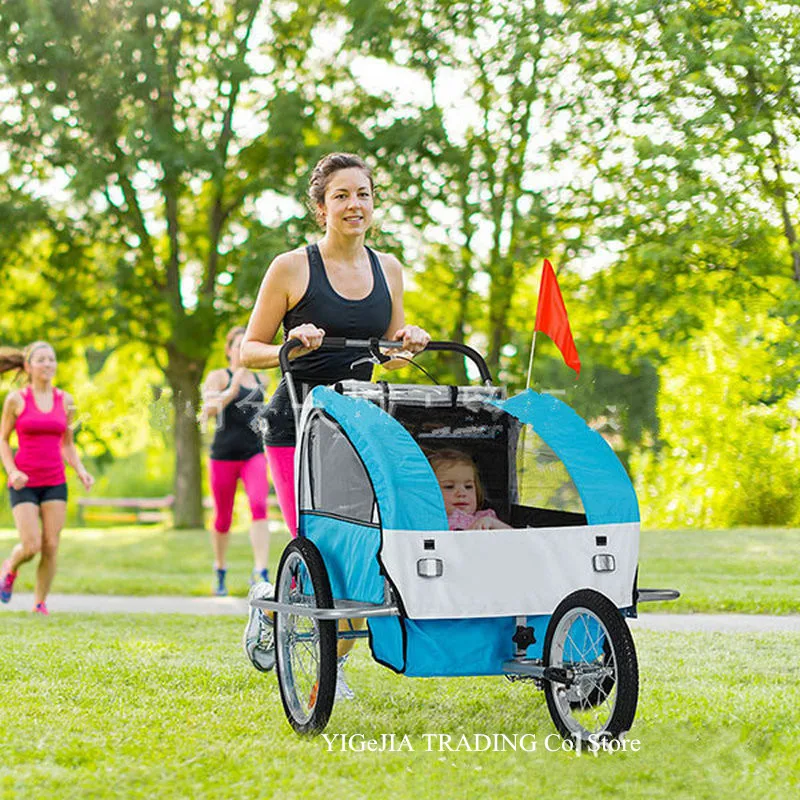 Reboque de bicicleta dupla com freio para crianças, transportador de bicicletas tandem, gêmeos jogger, carrinho, 2 em 1