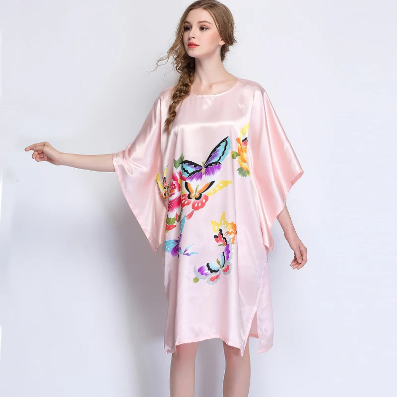 Summer New Pink Sexy Silk Rayon Home Dress Women Casual Nightdress Sleepshirt Robe Gown Kimono Soft Comfortable Bathrobe