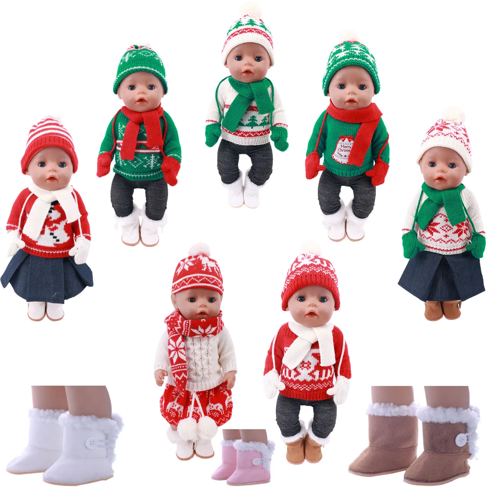 43Cm Rebirth Doll Clothes Christmas Suit Christmas Pattern Printed Clothes Solid Color Boots  Doll Accessories Christmas Gifts