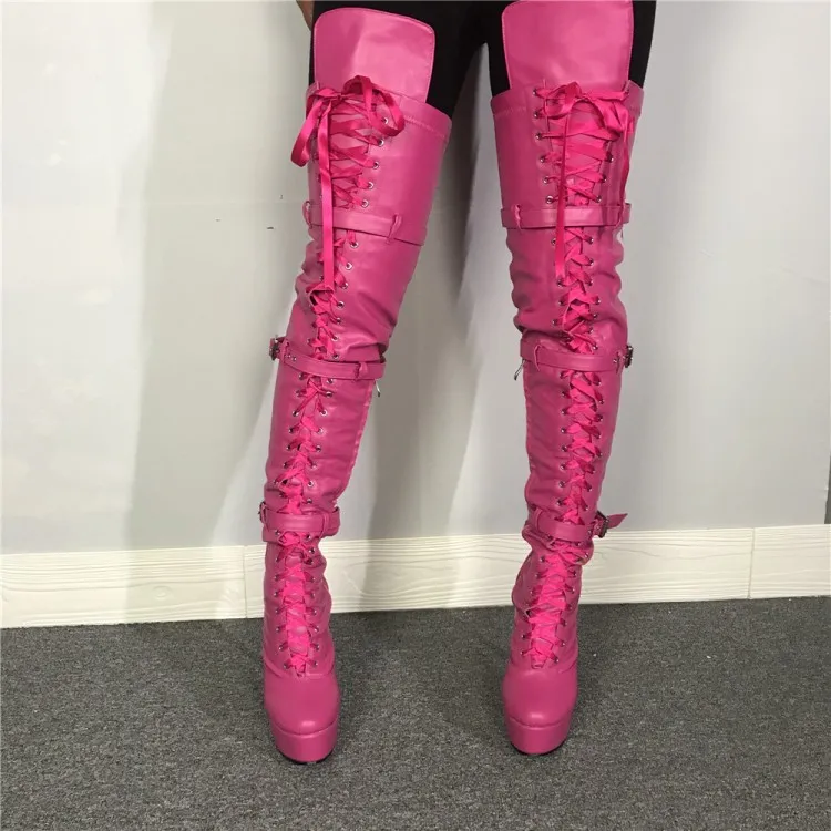 Olomm Handmade Women Platform Thigh High Boots Stiletto High Heels Round Toe Fuchsia Club Shoes Women Plus US Size 5-15