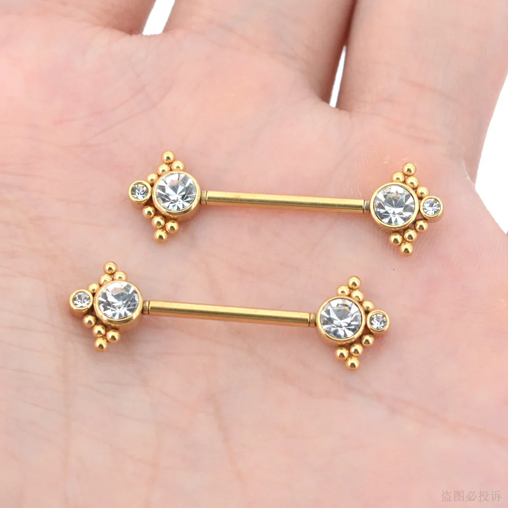 2Pcs 1.2x14mm Unthreaded Barbell Nipple Rings with Rhinestone Ball Stainless Steel Nipple Piercing Nonscrewed Nipples Jewelry