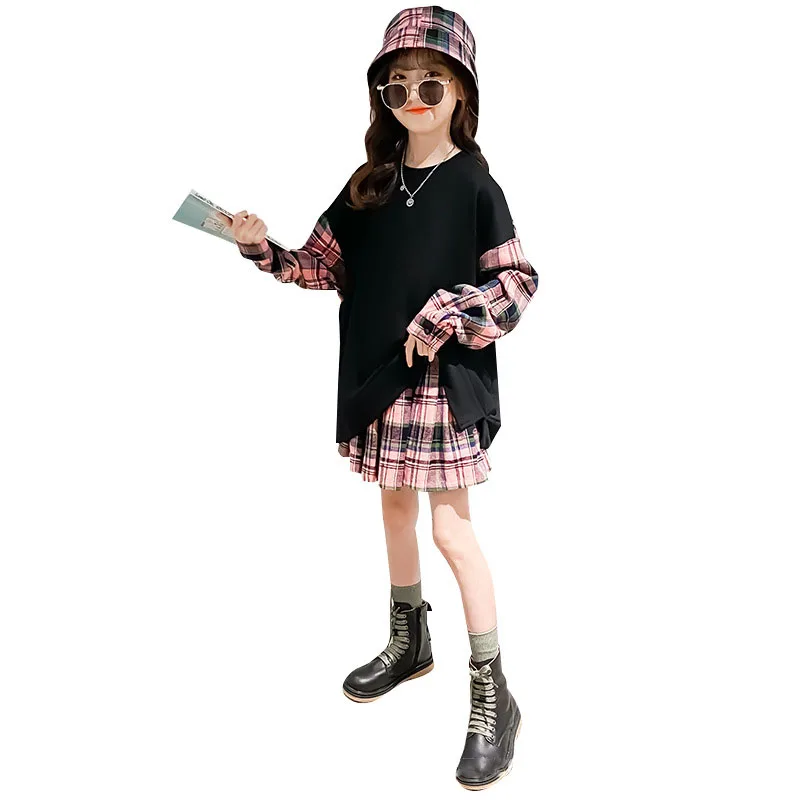 2021 Autumn New Girls Big Kids Dresses Teenager Fashion Suit Korean Denim Sweatshirt +Skirt Casual Clothing 4 5 7 9 11 13Y +Hat