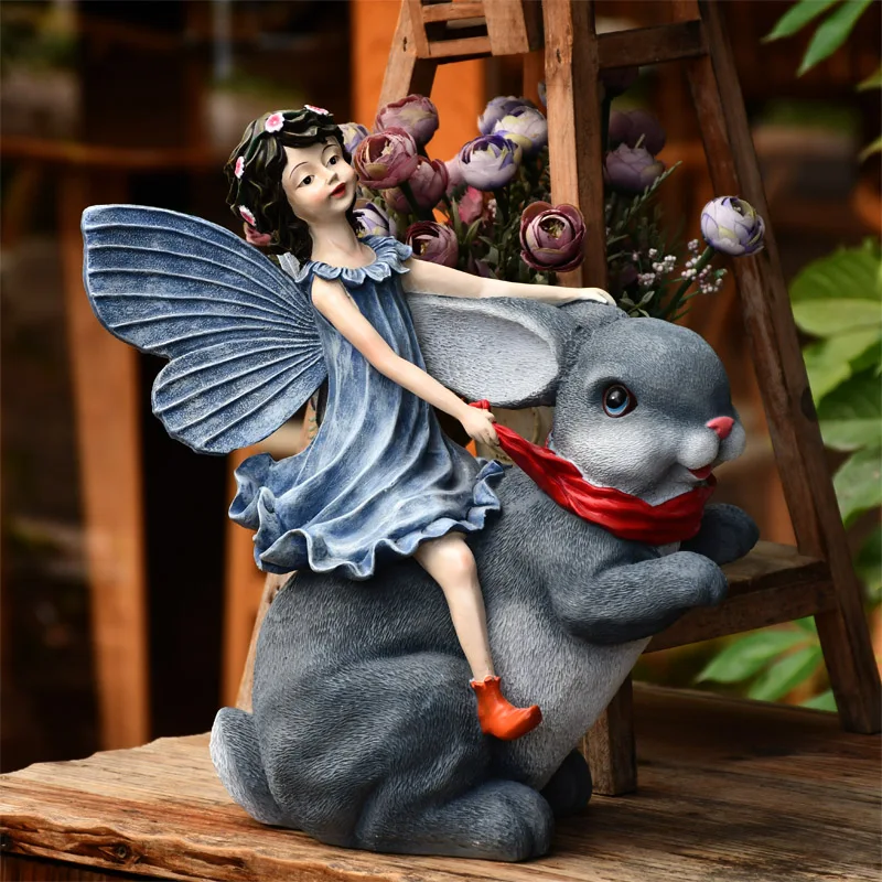 European Resin Angel Ridding A Rabbit Decoration Flower Fairy Cute Ornaments Outdoor Garden Villa Farmhouse Furnishings Crafts