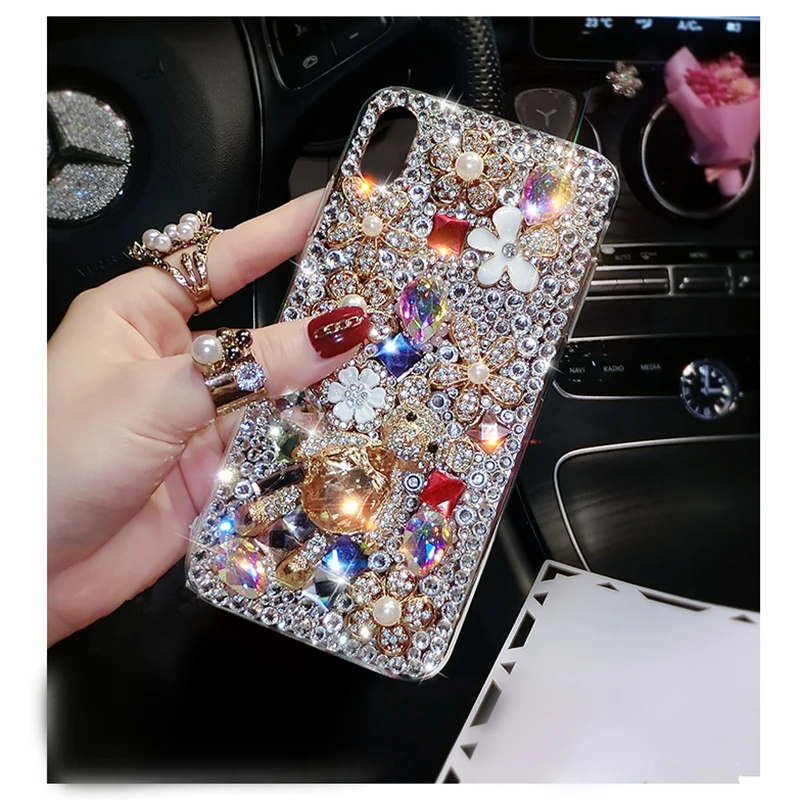 S23 Ultra Luxury Bling Diamond Rhinestone Flower Case For Samsung Galaxy S24 S22 S21 S20 Ultra Plus Note20 Case Pearl Crystal