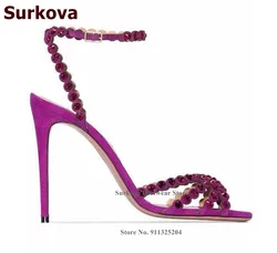 Surkova błyszczący kryształ buty ślubne fioletowy zielony brokat Rhinestone Strappy sandały na wysokim obcasie elegancka ładna sukienka pompy