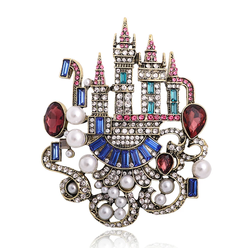 Wuli&baby Big Rhinestone Castle Brooches For Women Designer 3-color Vintage Romantic Palace Party Banquet Brooch Pin Gifts