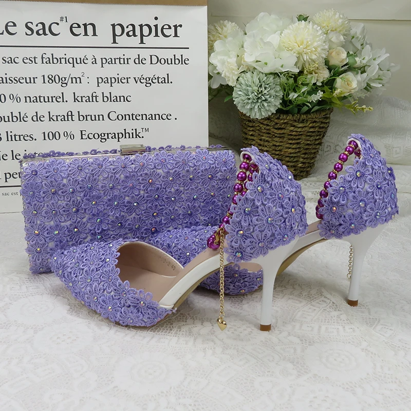 Women's Sandals 2021Bride Wedding shoes Purple Lace Flower Pointed Toe High Heel Ladies Party Dress Shoes And Bag Lavender Pumps