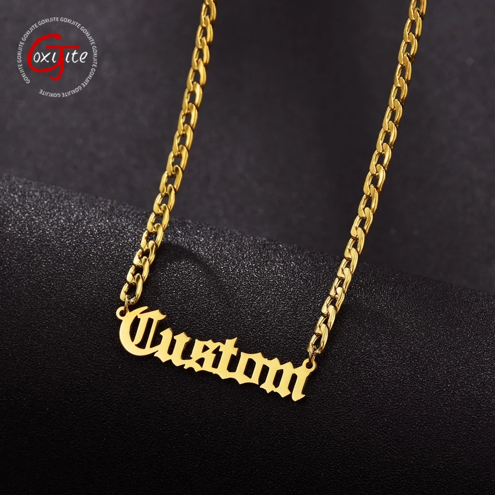 

Goxijite Personalized Old English Name Jewelry Customized Nameplate Charm Necklaces Cuban Chain Stainless Steel Women Men Gift