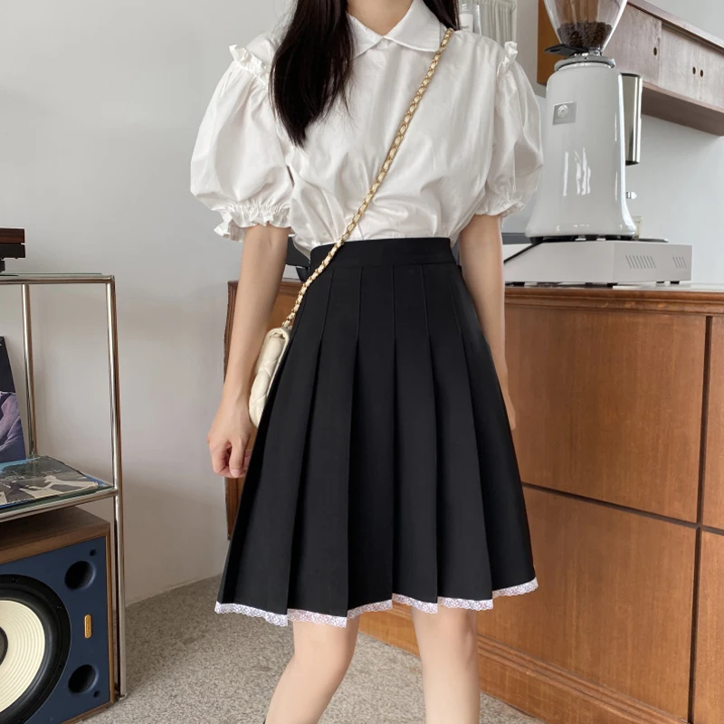 Summer Fashion Kawaii Lace Pleated Skirt Women High Waist Cosplay School Uniform Mini Skirts Solid A-line Sailor Skirt