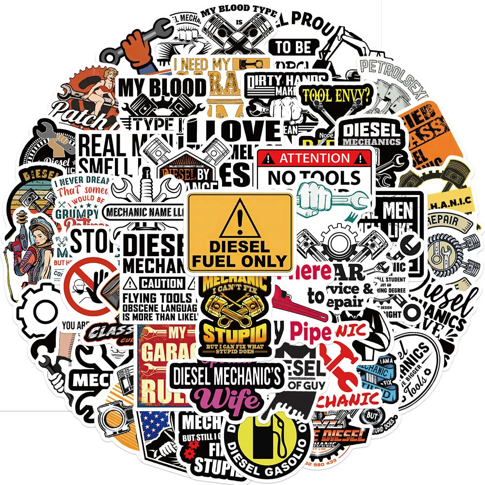 10/30/50pcs Cartoon Diesel Mechanic Stickers Warning Sticker Phone Laptop Car Waterproof Decal Decor Stickers Kids Toys