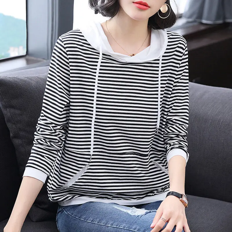 

Spring Autumn Style Women's Cotton Hoodies Patchwork Striped Pockets Hooded Collar Casual Sweatshirts AA4194