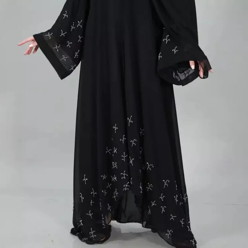 Hand made Hot drilling beading muslim peignoir Robes syari Dubai Fashion female full length Abaya Muslim Dress with belt WY152