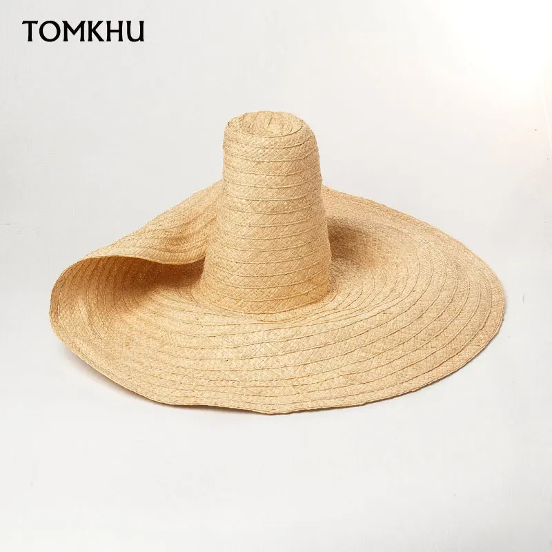 

New Handmade Raffia Model Show High Top Big Wide Brim Hats For Women Sun Cap Ladies Custom Leisure Summer Beach Holiday Cap Cape