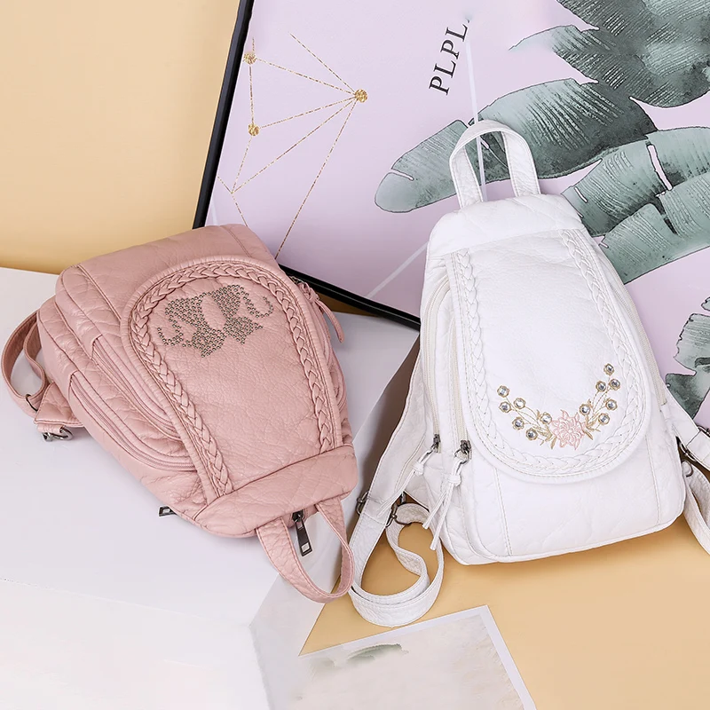 High Quality Backpack for Women 2020 New White Leather Backpack School Bag for Teenage Girls Female Travel Backpack Mochila