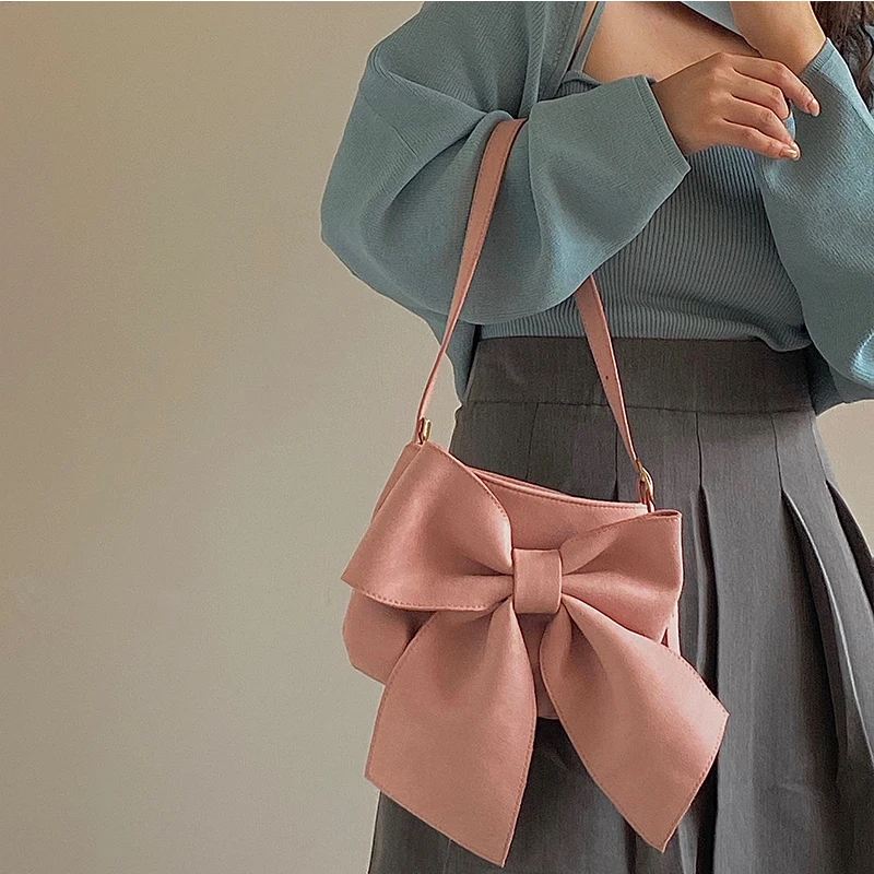 Retro Bowknot Women\'s Underarm Bag Solid Color Ladies Small Tote Shoulder Bags Female Cute Armpit Bag Cool Girls Pink Handbags