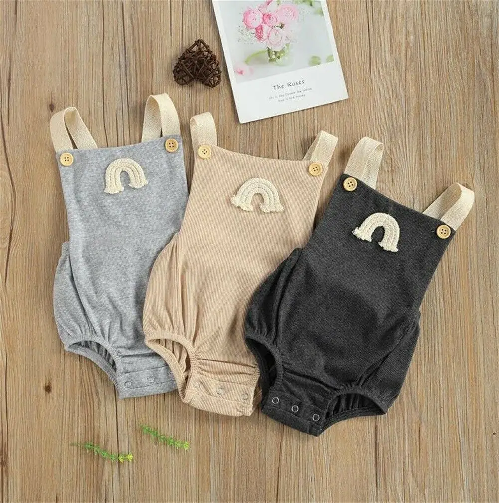 Summer Newborn Baby Clothes Infant Boy Girl Romper Solid Color Rainbow Print Square-neck Sleeveless Jumpsuit Playsuit