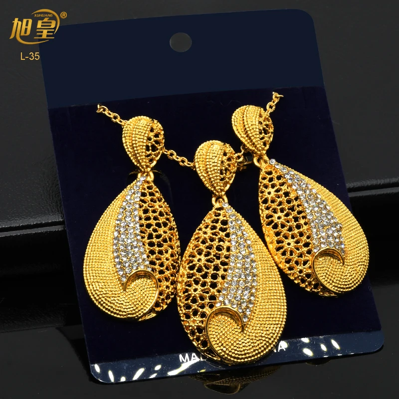 XUHUANG Dubai New Necklace Jewellery Sets Hollow Hanging Earrings Gold Color Big Dangle Earrings For Women Nigerian Jewelry Gift