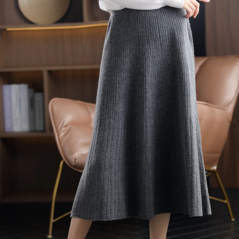 2021 Autumn New High-Waist 100%Pure Wool Pleated Long Skirt Women\'s Knit Base Skirt Fashion Pack Hip A-Line Cashmere Large Skirt