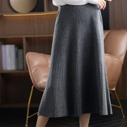 2021 Autumn New High-Waist 100%Pure Wool Pleated Long Skirt Women's Knit Base Skirt Fashion Pack Hip A-Line Cashmere Large Skirt