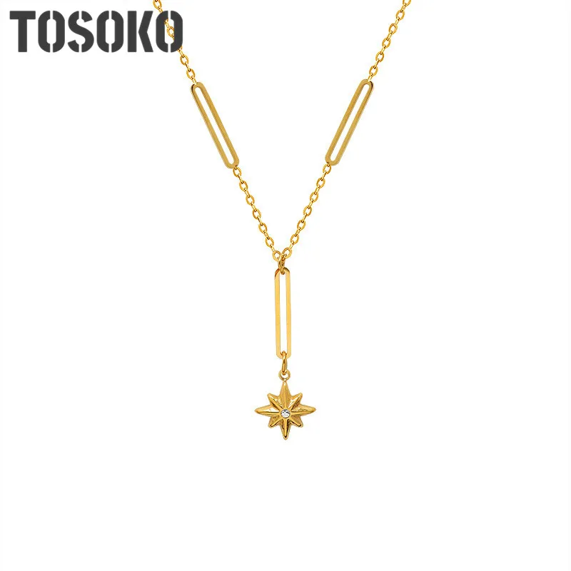 

TOSOKO Stainless Steel Jewelry Six Star Miscanthus Necklace With Tassel Zircon Inlay And Elegant Female Cavicle Chain BSP1000