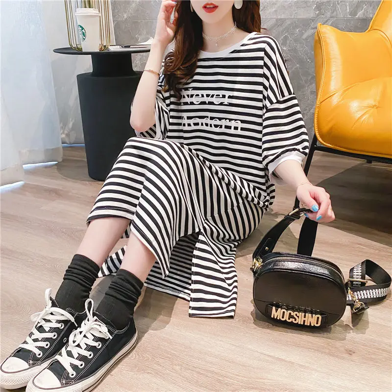 Spring Summer Mid-length Dress T-shirt Stripes Chic and Elegant Dresses for Women Korean Women\'s Clothes Harajuku Trendyol Basic