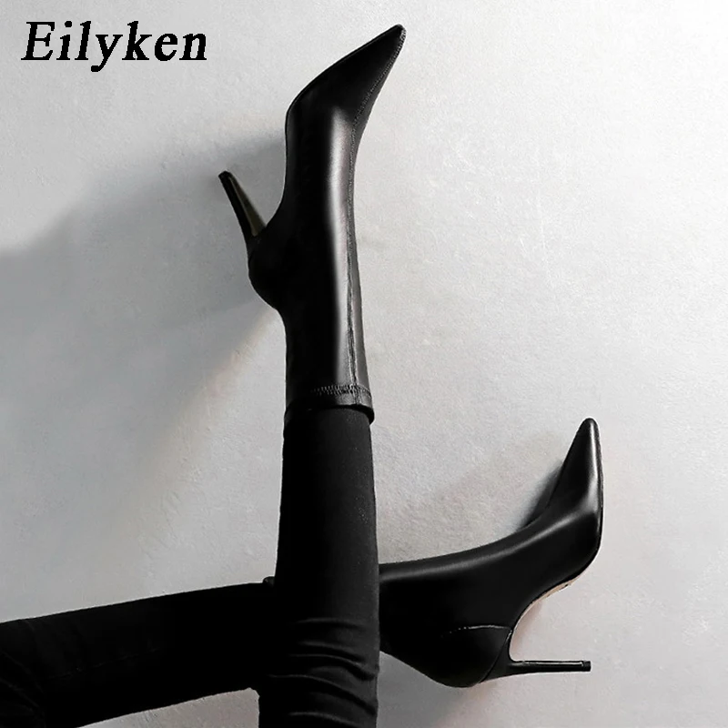 Eilyken Winter Warm Short Plush Women Ankle Boots High Quality Soft Leather Sexy Design Stiletto High Heels Pointed Toe Shoes